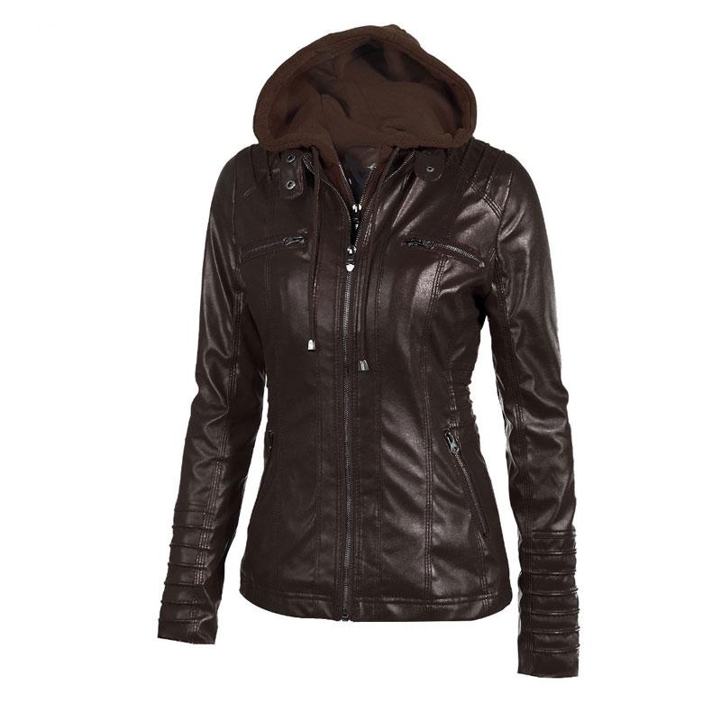 Winter Moto Synthetic Leather Jacket with Turn Down Collar for Women