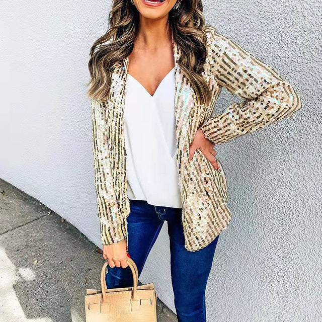 Women Elegant Glitter Sequin Shiny Party Jacket Turn-down Collar Tops