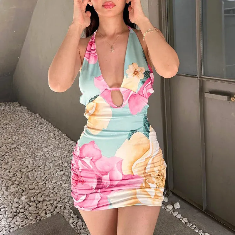 Women's Multi Floral Print Deep V Halter Neck Backless Mini Dress