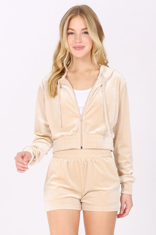 Women's Solid Crop Velour Zip Up Hoodie