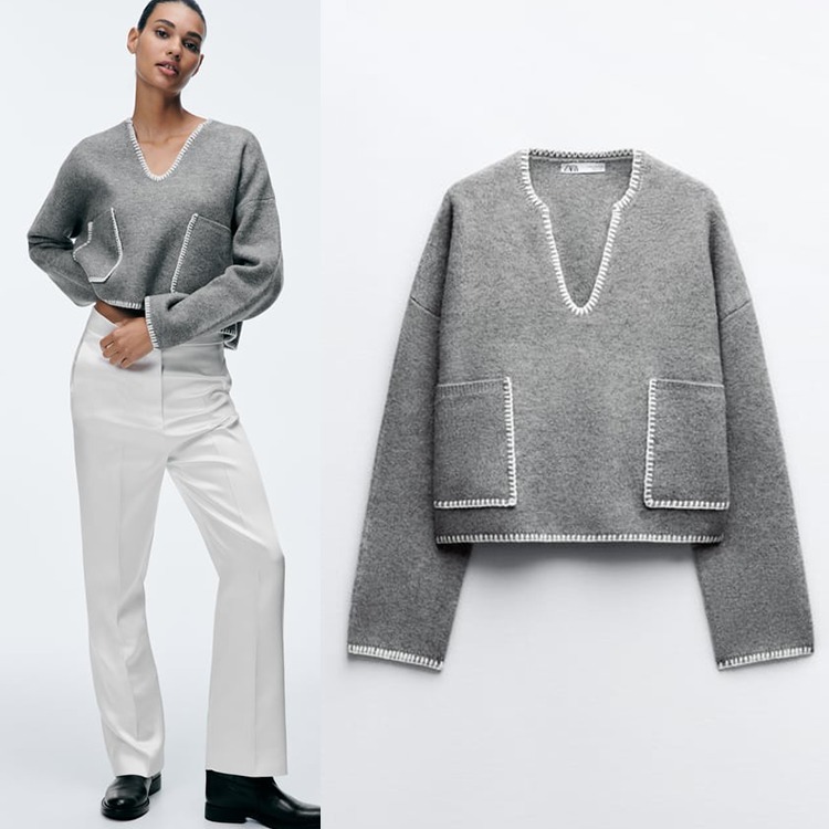 ZARA  |CONTRAST TOPSTITCHING CROP KNIT SWEATER