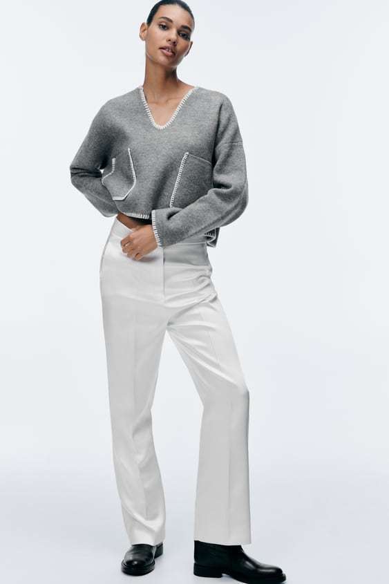 ZARA  |CONTRAST TOPSTITCHING CROP KNIT SWEATER