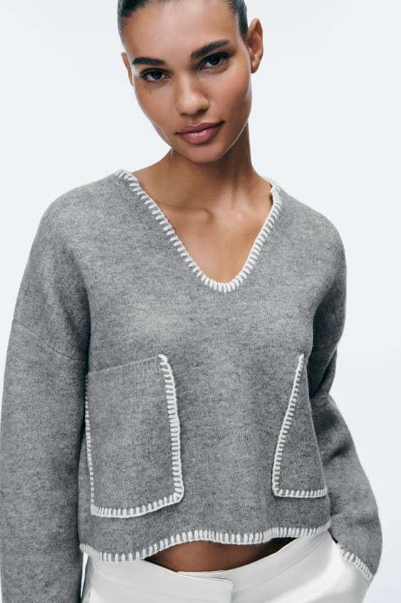 ZARA  |CONTRAST TOPSTITCHING CROP KNIT SWEATER