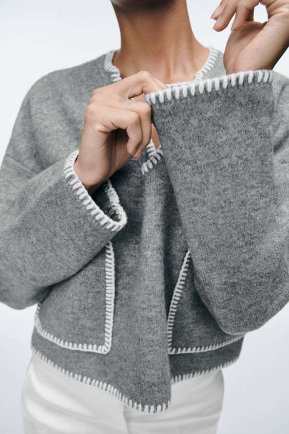 ZARA  |CONTRAST TOPSTITCHING CROP KNIT SWEATER