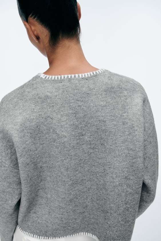 ZARA  |CONTRAST TOPSTITCHING CROP KNIT SWEATER