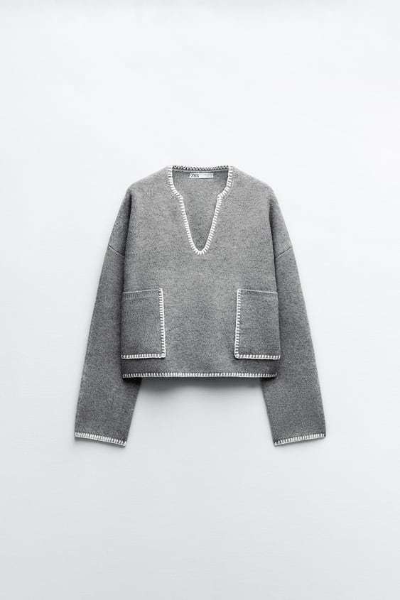 ZARA  |CONTRAST TOPSTITCHING CROP KNIT SWEATER