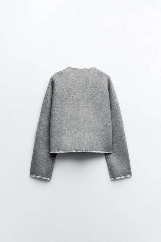 ZARA  |CONTRAST TOPSTITCHING CROP KNIT SWEATER