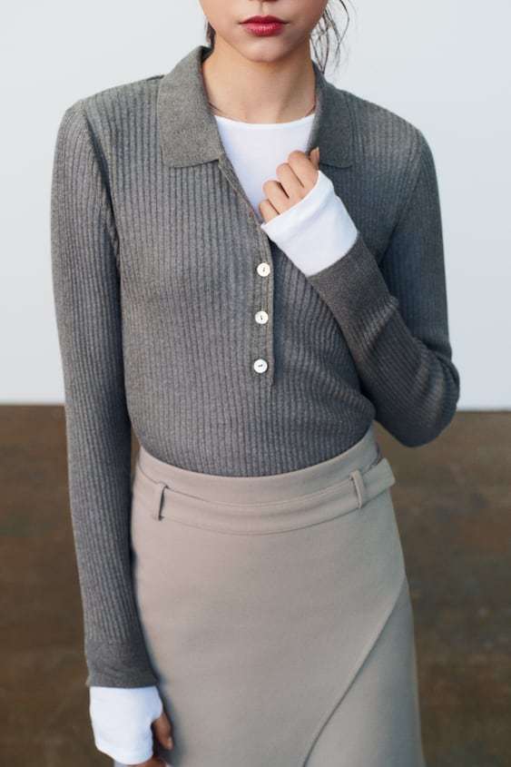 ZARA  |RIBBED KNIT POLO SWEATER